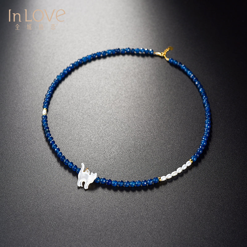 18K Necklace Katie blue natural stone with freshwater pearls